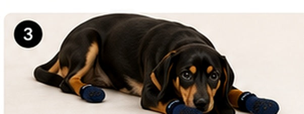 Dog relaxing during the Hydrosox paw-care routine