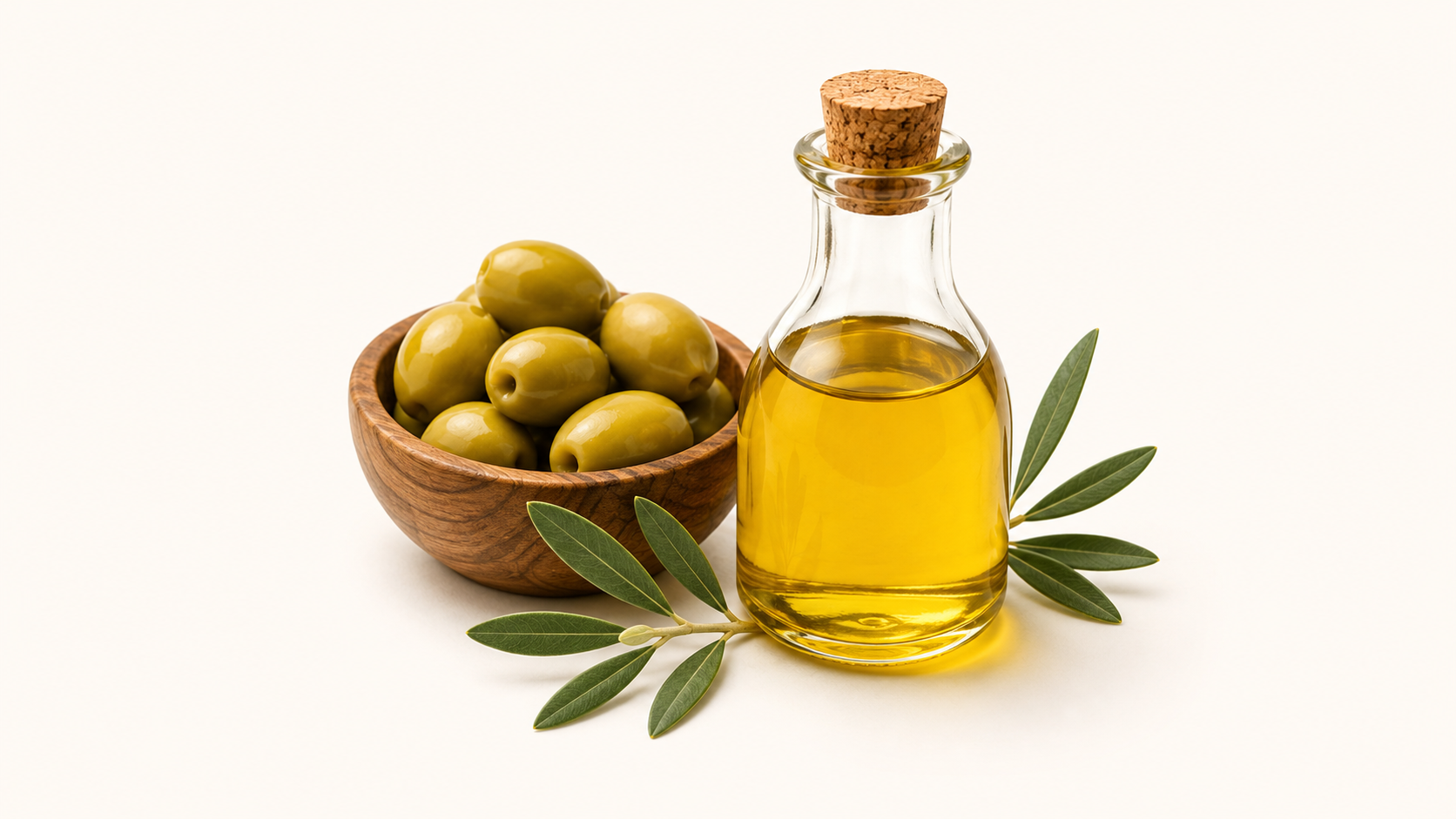 Olive oil bottle with olives and olive leaves