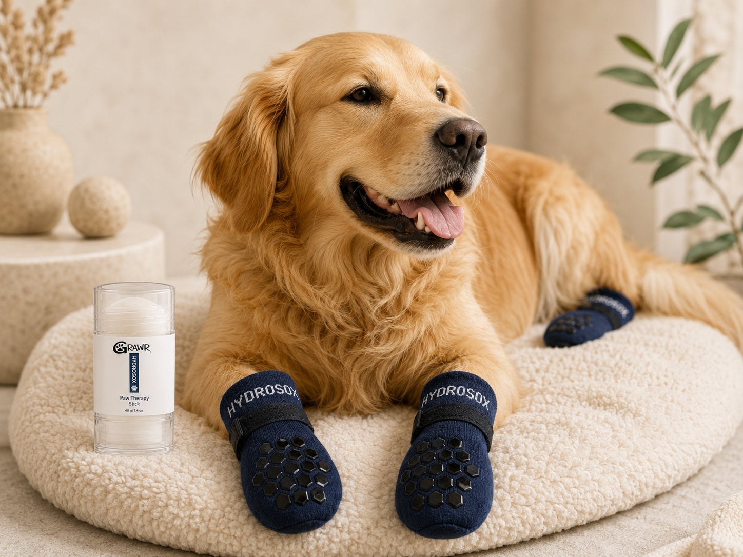 Dog relaxing comfortably while wearing Hydrosox socks