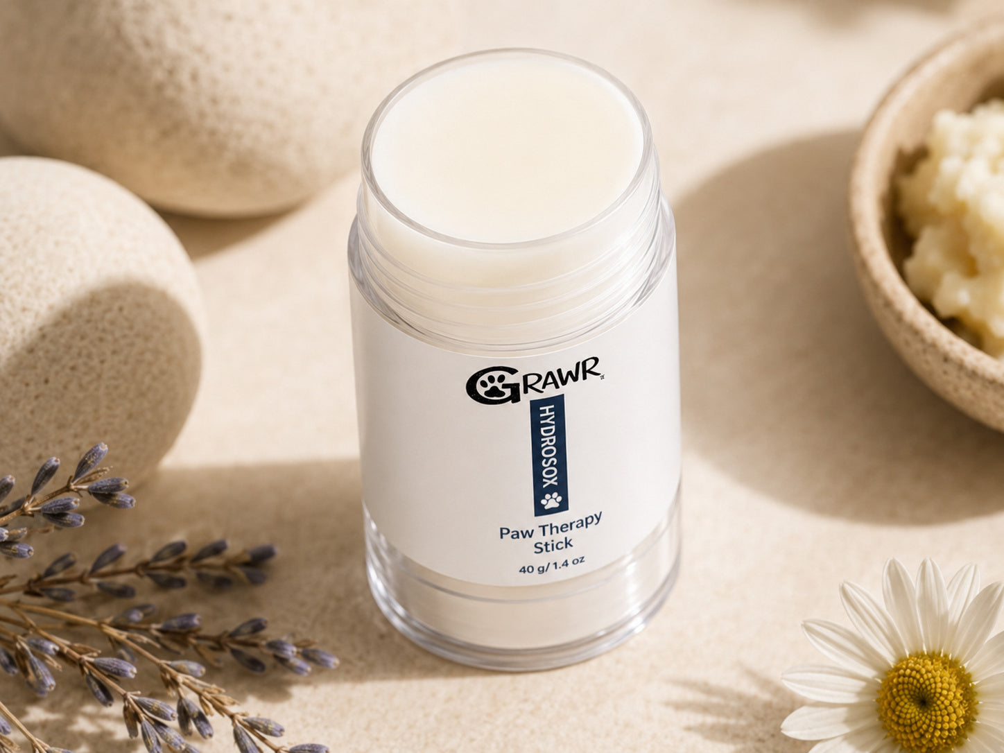 Open Hydrosox Paw Therapy Stick showing the balm texture