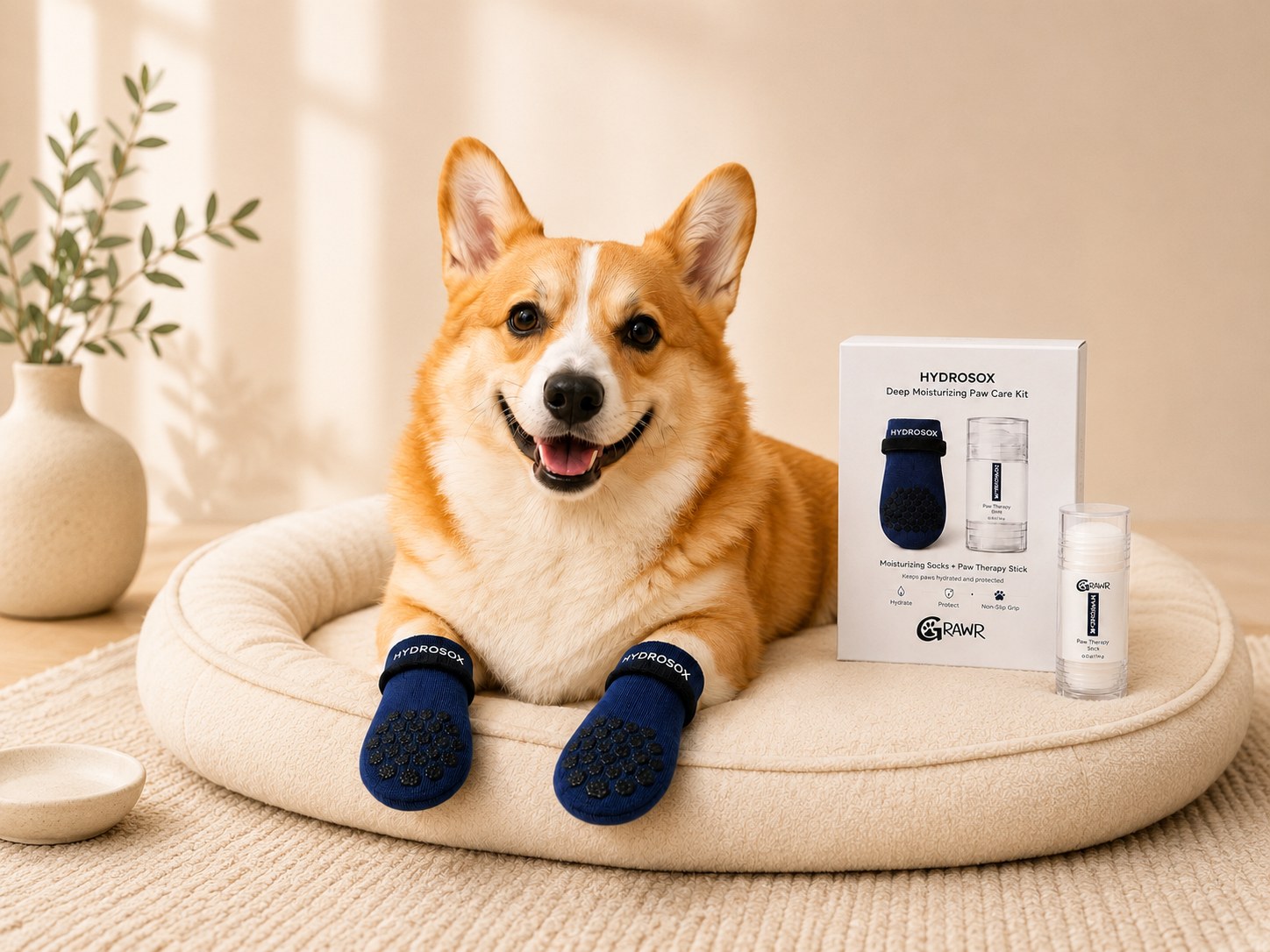 Corgi wearing Hydrosox with the GRAWR Hydrosox Paw Care Kit